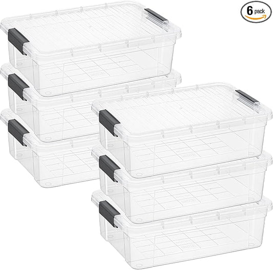 Superio Clear Storage Boxes with Lids, 13.7 Quart Plastic Container Bins for Organizing, Stackable Crates, BPA Free, Non Toxic, Odor Free, Organizers for Home, Office and Dorm, 6 Pack