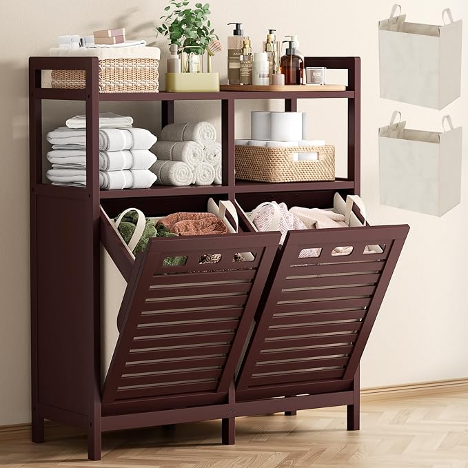 Homykic Tilt Out Laundry Hamper Cabinet, Bamboo Double Laundry Hamper with 2 Removable Laundry Baskets, 20 Gal Laundry Sorter Organizer with Shelf for Dirty Clothes, Bathroom, Laundry Room, Espresso by Homykic
