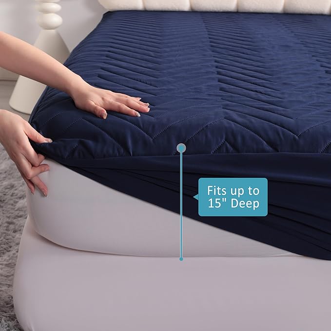 NTBAY Waterproof Mattress Protector, Quilted Queen Fitted Mattress Cover with 15" Deep Pocket- Machine Washable - Soft and Breathable Mattress Pad Cover, Navy Blue
