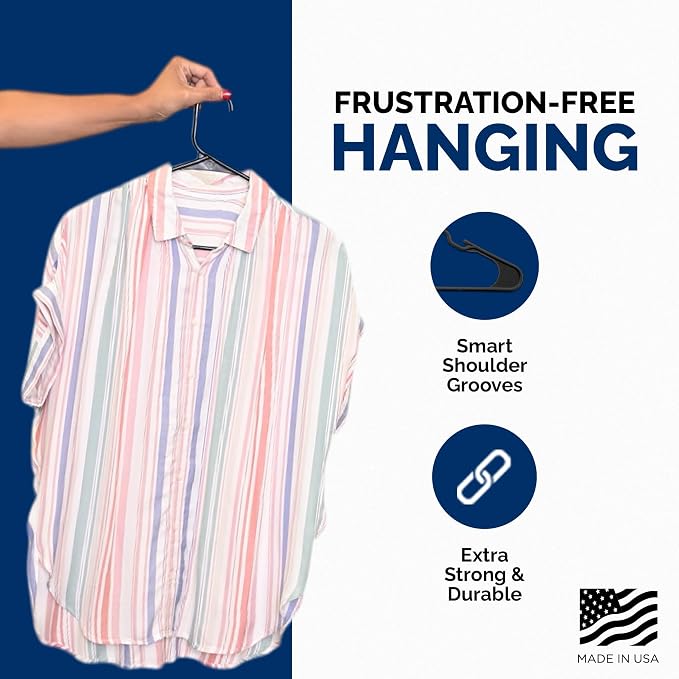 Closetselect Plastic Hangers 50 Pack - Space Saving Clothes Hangers, Made in USA, Durable & Strong Plastic Shirt & Coat Hanger with Notches & Shoulder Grooves, Non-Slip Clothing Hangers | Black - Image 3