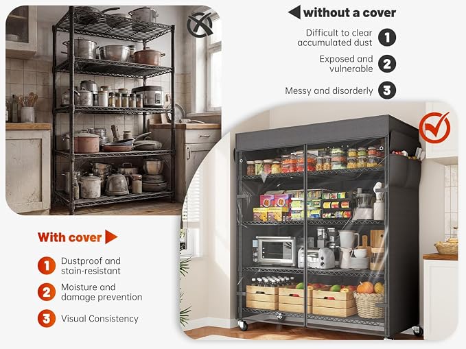 REIBII 45''W Storage Shelves with Cover & Wheels, Metal Shelving Waterproof Dustproof, Wire Shelving Unit Covers, Garage Storage Rack Wire Shelf for Kitchen Pantry, Storage Room, 45Wx17.72Dx72.83H - Image 4
