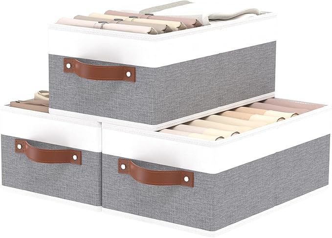 OUTBROS Storage Bins, Foldable Storage Baskets for Organizing, Fabric Storage Boxes With Handles,For bedrooms, living rooms, Shelves, Gray/White, 16.1x6.5x9.8 inch, 3-Pack by OUTBROS