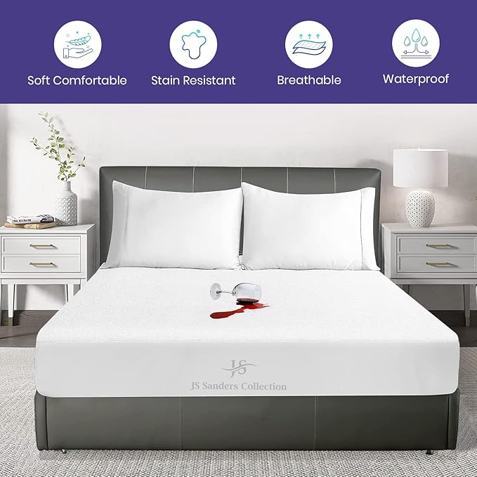 JS Sanders Collection Texas King 80x98 Size Mattress Topper - 100% Waterproof Cover Protector with 15" Deep Pocket Fitted Style Super Soft Cotton Terry Fabric Mattress Cover