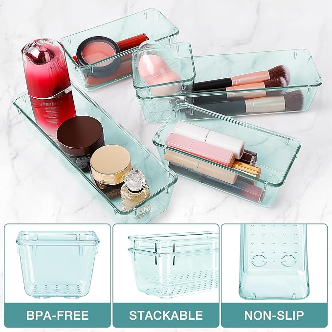 StorMiracle 13 PCS Drawer Organizer Set, 5 Varied Size Bathroom and kitchen Drawer cabinet organizer Trays, Clear Storage Bins for Makeup, Jewelry, Utensils and Gadgets - Image 3