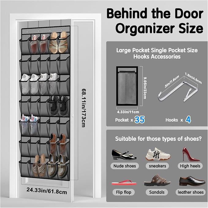 Kotkn 35 Compartment Over The Door Storage - Breathable Mesh Hanging Organizer with Large Pockets, Space Saving Design for Men & Women's Footwear, Closet, Bedroom (Gray) - Image 3
