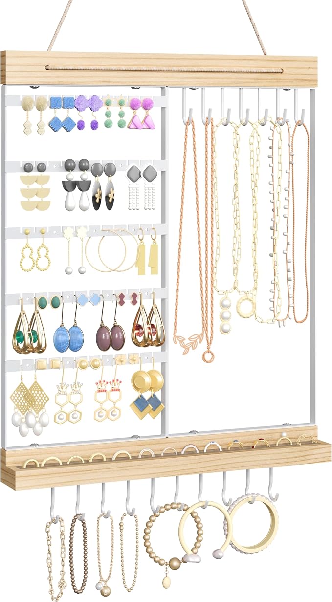 Feyejade Hanging Jewelry Organizer and Storage, 5-Tier White Earring Necklace Holder Jewelry Display Organizer Stand Rack, Wall Mounted for Earrings Necklaces Bracelets and Rings, White by Feyejade