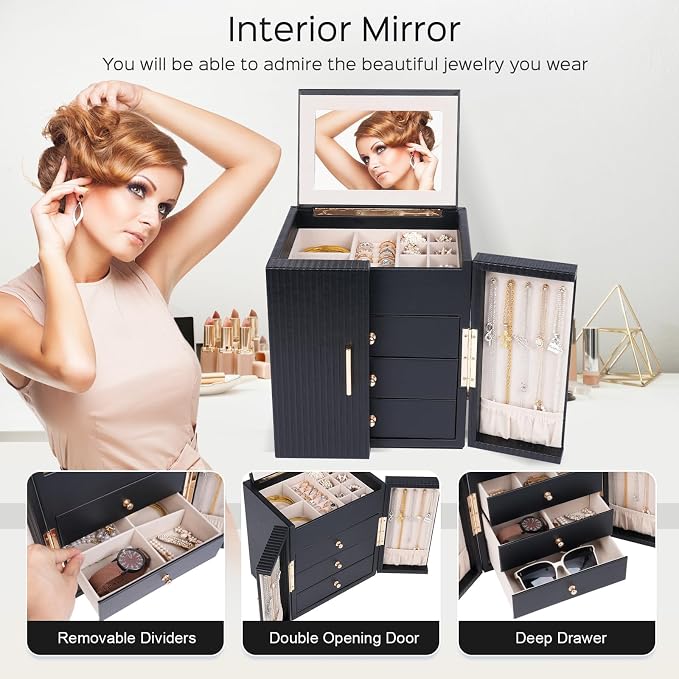 Dajasan Large Jewelry Box for Women, Jewelry Organizer Box with 3 Drawers, Jewelry Storage Organizer with Mirror for Necklace Ring Bracelet Watch, Gift Idea, 8.7 x 7.5 x 9.8 Inches (Black) - Image 5