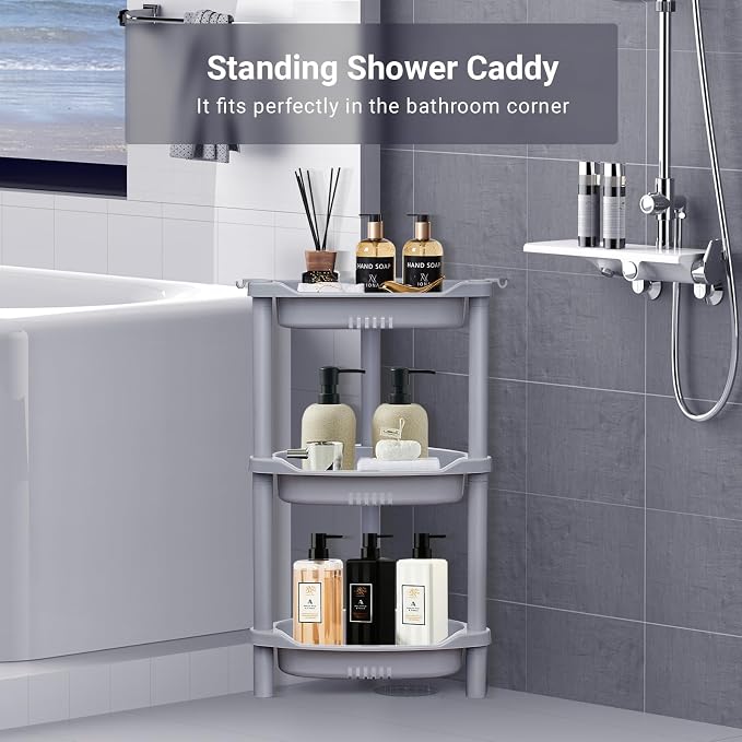ELYKEN 3 Tier Shower Caddy Organizer Shelf Corner, 14.4 x 11.2 x 22.4 Inches, Rustproof, Plastic Shower Rack Stands for Inside Bathroom, Bathtub, Shower pan, Grey - Image 3