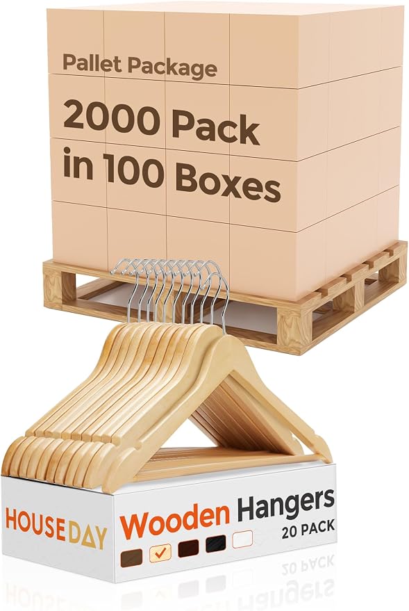 HOUSE DAY Bulk Wooden Hangers 2000 Pack（100 Cases, 20 Pack/Case）, Solid Wood Hanger with Non Slip Pant Bar, Heavy Duty Wooden Coat Hanger for Closet, Smooth Wood Clothes Hangers for Shirts, Natural by HOUSEDAY