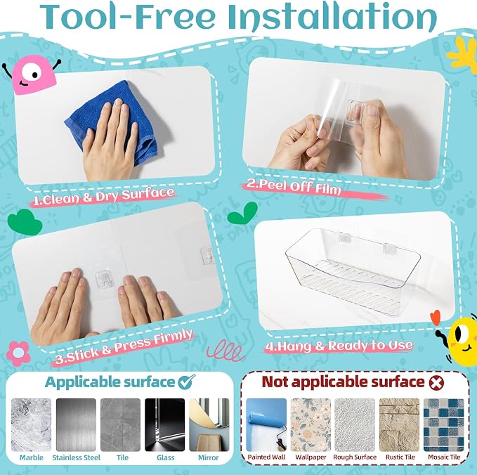 MIUKAA 2 Pack Large Bath Toy Storage Organizer, Clear Bath Toy Holder for Bathtub, Plastic Shower Toy Holder, Fast drainage, No Drilling Required, Easy to Install - Image 8