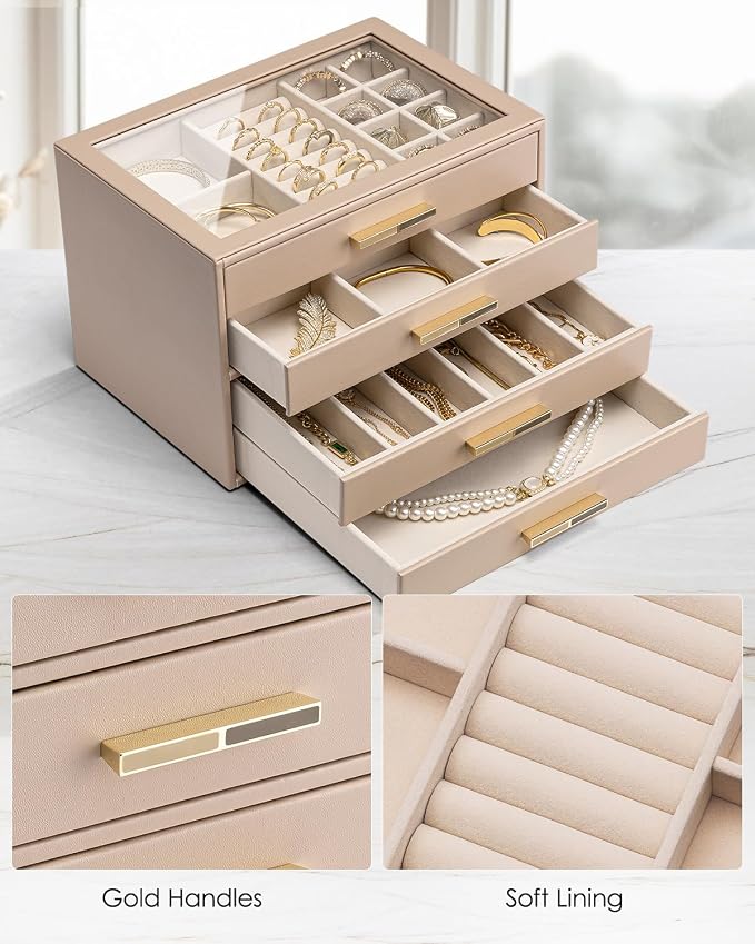 VLANDO 4 Layer Jewelry Box for Women, Mothers Day Gifts for Women, Glass Lid Jewelry Organizer with 4 Drawers for Necklaces Rings Earrings Bracelets - Toffee - Image 6