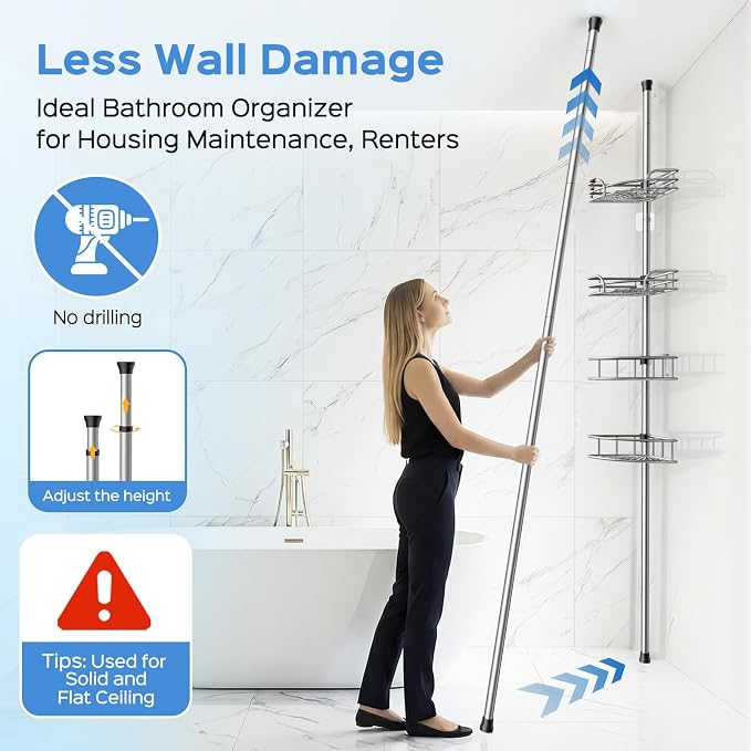 HAMITOR Shower Caddy Corner Tension Pole: 4-Tier Large Capacity Bathroom Organizer Shelves - Waterproof No-Drill Adjustable 47-123 inch Storage for Renters, Home Bathtub Stand Rack, Silver Gray - Image 3