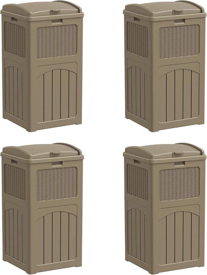 Greesum 33 Gallon Resin Outdoor Trash Can with Lid, Waterproof Resin Garbage Bin for Hideaway, Patio, Deck, 4 Pack, Light Brown by BuynowfromGreesum