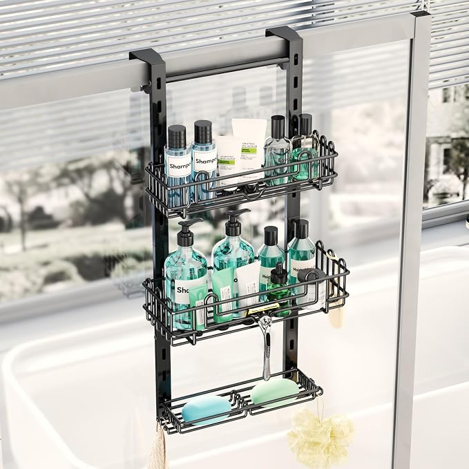 HapiRm 3 Tier Over the Door Shower Caddy, Hanging Shower Caddy with 16 Hooks and 2 Soap Holders, No Drilling Adjustable Hanging Bathroom Organizer - Black by HapiRm