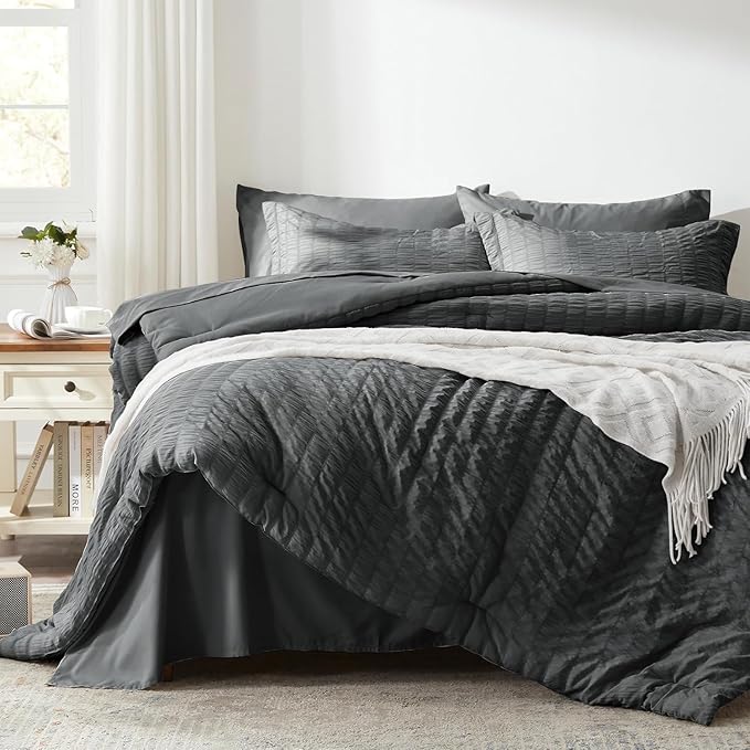 Zzlpp Full Comforter Set 7 Pieces, Dark Grey Seersucker Bed in a Bag with Comforter and Sheets, All Season Bedding Sets with 1 Comforter, 2 Pillow Shams, 2 Pillowcases, 1 Flat Sheet, 1 Fitted Sheet