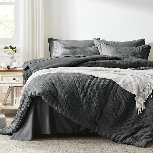 Zzlpp Full Comforter Set 7 Pieces, Dark Grey Seersucker Bed in a Bag with Comforter and Sheets, All Season Bedding Sets with 1 Comforter, 2 Pillow Shams, 2 Pillowcases, 1 Flat Sheet, 1 Fitted Sheet