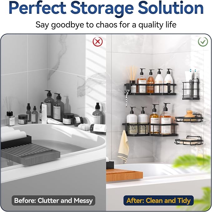 YASONIC Corner Shower Caddy, 5-Pack Adhesive Rustproof Stainless Steel Shower Organizer with Soap Holder, No Drilling Shower Shelf for Inside Shower, Dorm, Renters, Black - Image 8