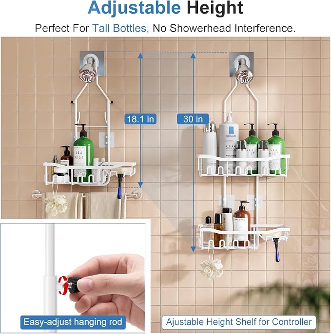 Upgraded Extended Length Shower Organizer with Hooks, Rustproof Shampoo Soap Holder, Large Hanging Bathroom Caddy - Image 2
