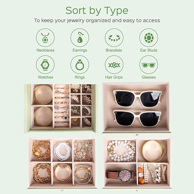 Dajasan Large Jewelry Box Organizer, Jewelry Storage Organizer with 3 Drawers, Huge Jewelry Box with Mirror for Women Girls, Double Door, Textured PU Leather, Gift Idea, Stylish (Green + Gold) - Image 3