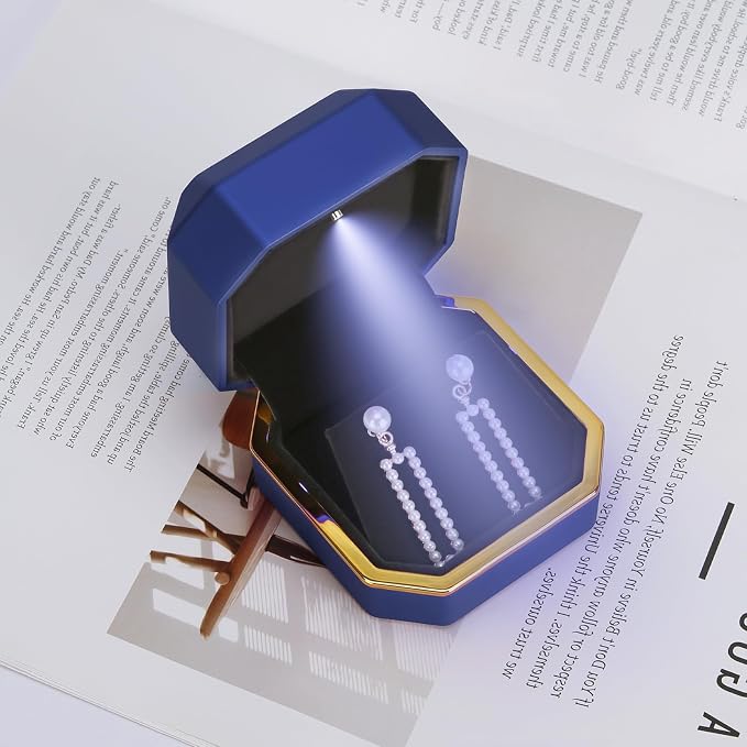 Luxury LED Jewelry Earring Pendant Stud Box, Velvet Earring Necklace Gift Box Storage Case Organizer Holder for Proposal Engagement Wedding Anniversary Birthday Ceremony (Blue) - Image 7