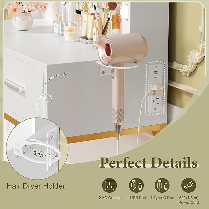 YESHOMY Vanity Desk with Mirror, Makeup Table with 2 Large Drawers, Power Outlet and Round Holder, 3 Color Modes Adjustable Bulb, Pure White & Golden