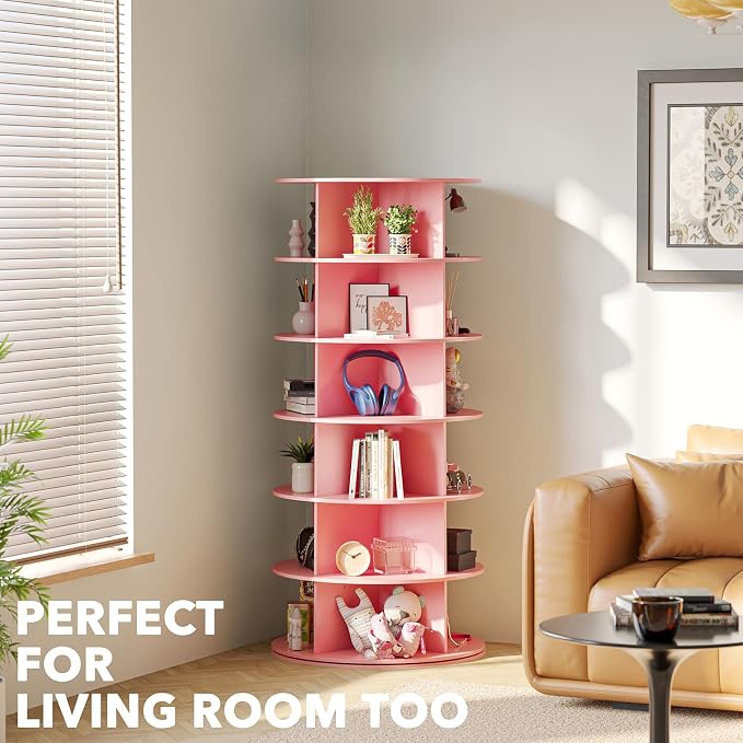 SpaceAid 6 Tier Rotating Shoe Rack Tower, Spinning Shoe Display Lazy Susan, Revolving 360 Shoe Rack Storage Round Carousel, Vertical Handbag Rotate Shoes Closet Organization (6-Tier Pink) - Image 6