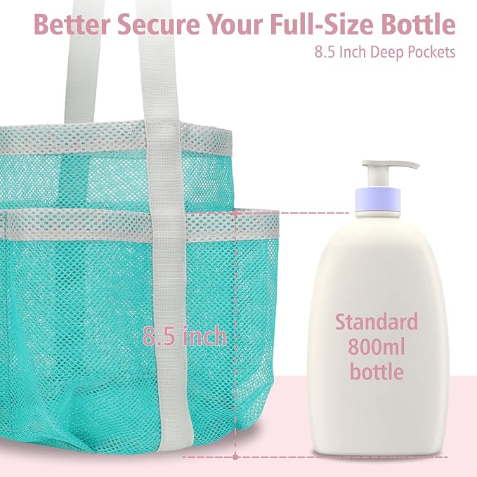 F-color Mesh Shower Caddy Portable, Large Capacity Shower Bag Basket Tote for College Dorm Room Toiletry Gym Rv Essentials, Bathroom with S Hook, Mint Green - Image 3
