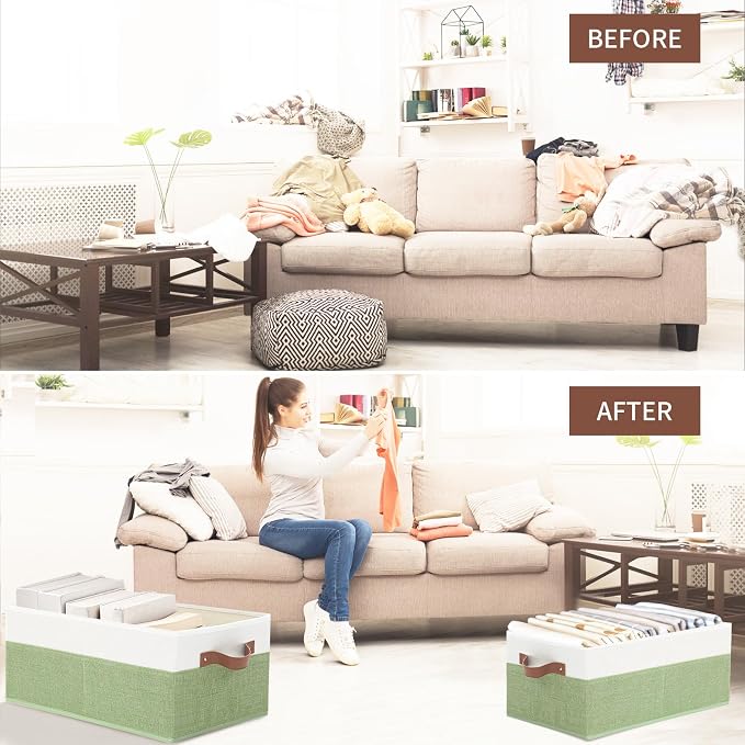 3 Pack Large Capacity Storage Bins Closet Organizer for Shelves, Fabric Closet Storage Baskets Boxes with Leather Handles for Organizing Clothes, Sheets, Jeans, Toys, Books (Green) - Image 5