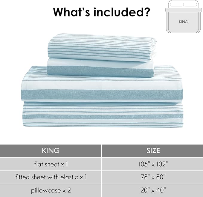 ClevaHome Classic Stripe Sheet Set - 4 Pieces Super Soft & Breathable Bed Sheet Set with Deep Pocket, Enhanced Comfort & Easy Care (King, Glacier Stripe)