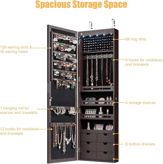 Giantex Wall Door Mounted Jewelry Cabinet with Full Length Mirror, Lockable Over Door Jewelry Armoire with LED Lights, 47.5" Large Jewelry Storage Organizer with 6 Drawers, Espresso - Image 3
