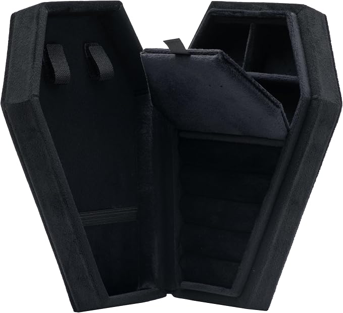 Velvet Coffin Jewelry Travel Case Holder for Gothic Wedding Ceremony Jewelry Organizer Decoration (Black 4 Grid) - Image 2
