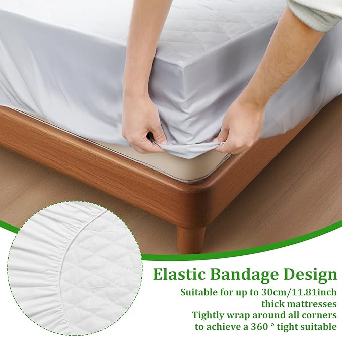 Waterproof Mattress Protector, Quilted Queen Size Mattress Cover Pad Fiber Layer Absorbent Extra Deep 30cm Fitted Skirt Breathable Washable Mattress Topper for Home and Hotel Use 150x200cm