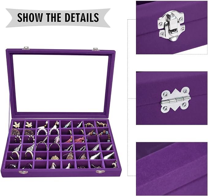 Siveit Velvet Jewelry Tray 48 Grid Jewelry Display Tray Organizer Box with Transparent Lid Rings Earrings Necklaces Pendants Display Box Suitable for Women and Girls (Purple) - Image 4