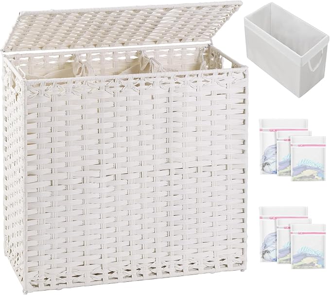 SETVSON Laundry Hamper with Lid Laundry Basket 132 L (35 Gal) Wicker Clothes Hamper, Handwoven Rattan Hamper with Handles and 4 Removable Liner Bags, 6 Mesh Bags for Laundry Bedroom White by SETVSON