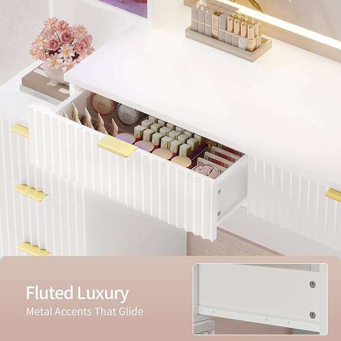 HAUOMS Big Vanity, Fluted Wood Makeup Vanity Desk with Mirror and Sound Sync LED Lights, Large Vanity Dressing Table, 8 Drawers, Charging Station for Girls, Women (White, 59.1" Width)