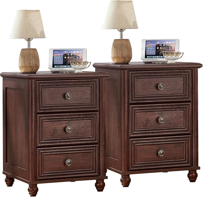 RWYHG 18" Farmhouse Night Stand Set of 2, Walnut Wood Nightstand with 3 Drawers, Bedside End Table with Storage and Roman Column, Bed Side Tables Cabinet for Bedroom, Living Room, and Closet
