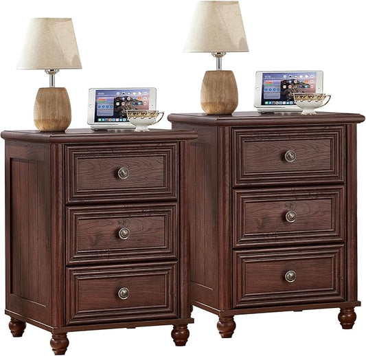 RWYHG 18" Farmhouse Night Stand Set of 2, Walnut Wood Nightstand with 3 Drawers, Bedside End Table with Storage and Roman Column, Bed Side Tables Cabinet for Bedroom, Living Room, and Closet