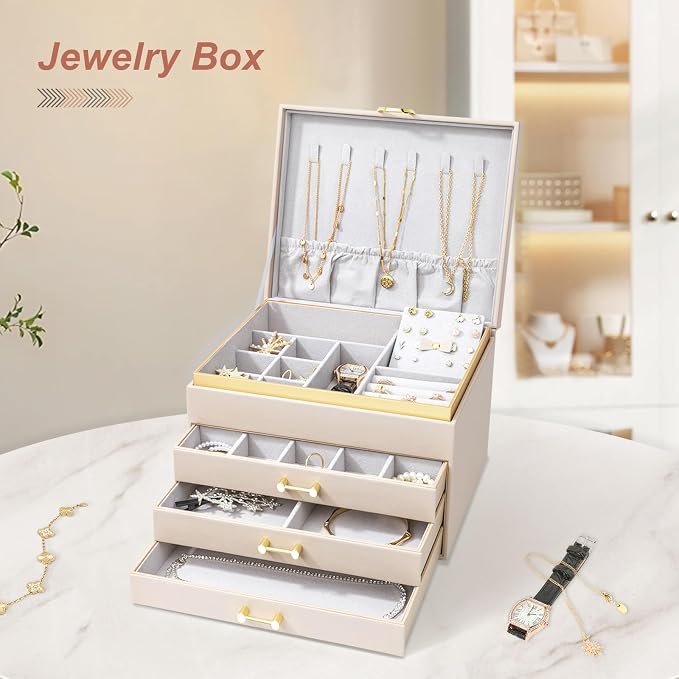 Jewelry Box Organizer for Women Girls, 4-Layer Large Jewelry boxes with 3 Drawers Jewelry Storage Case for Earrings Bracelets Necklaces - Image 9