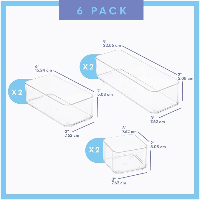 primebox Six Pieces - Clear Plastic Drawer Organizer Bins - Stackable, Non-Slip, 3 Sizes - Image 3