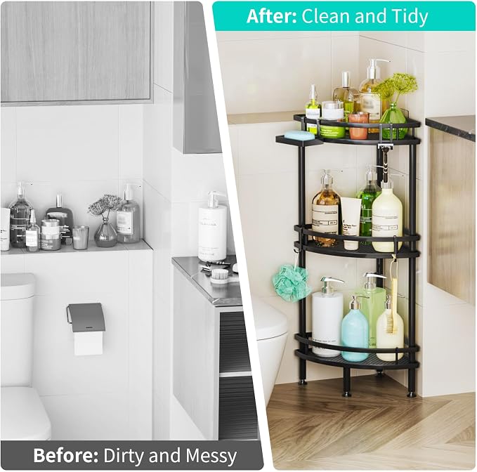 HapiRm Standing Corner Shower Caddy - 3 Tier Shower Organizer Corner with Soap Holder and 4 Hooks, Rustproof Bathroom Storage Shelves with Adhesives, Black - Image 7