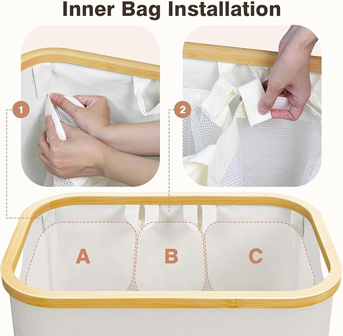 Extra Large 3 Section Dirty Clothes Laundry Basket with Lid, Dirty Clothes Hampers with Removable Bags for Bedroom and Laundry Room, Beige - Image 2