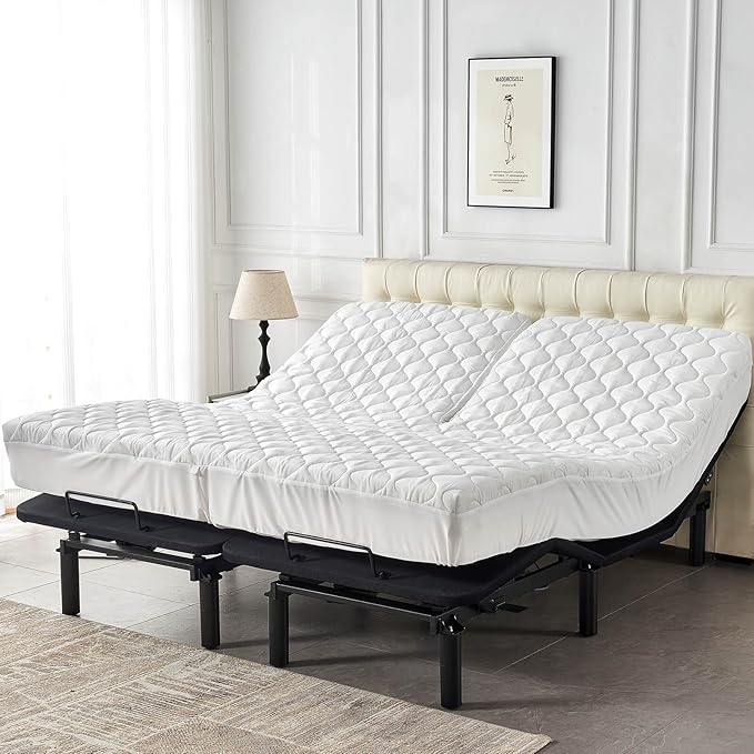Quilted Waterproof Split Top California King Mattress Protector Pad for Adjustable Bed with Upper Flex Padded Topper Noiseless Fitted Matress Cover 32-34 Split from Head Cal King White