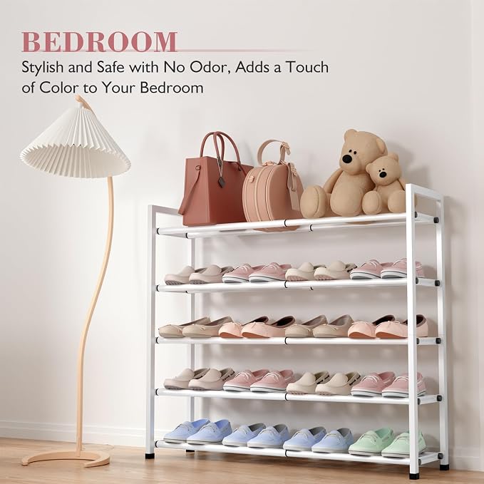 Bumusty 5-Tier Expandable Shoe Rack for Closet, 18“-33” Adjustable Shoe Rack for Small Space, Small Shoe Organizer for Front Door, Sturdy Metal (White) - Image 4