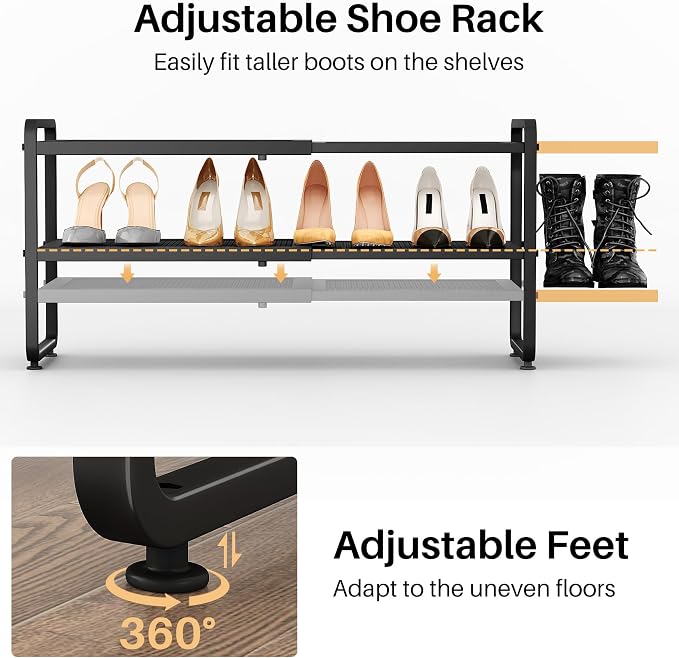 SNTD Shoe Rack - Expandable Shoe Organizer for Closet, Adjustable Metal Shoe Shelf Storage, Stackable Long Shoe Stand Holder for Garage, Entryway, Door Entrance (Black, 2-Tier) - Image 7