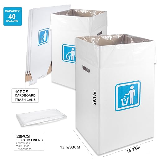40 Gallon Cardboard Trash cans for Events (Pack of 10)， with 20 Liners Included，Be applicableOutdoor Events pop up Trash cans for Parties，Reusable Portable Garbage Can，in-Home Recycling Bins - Image 2
