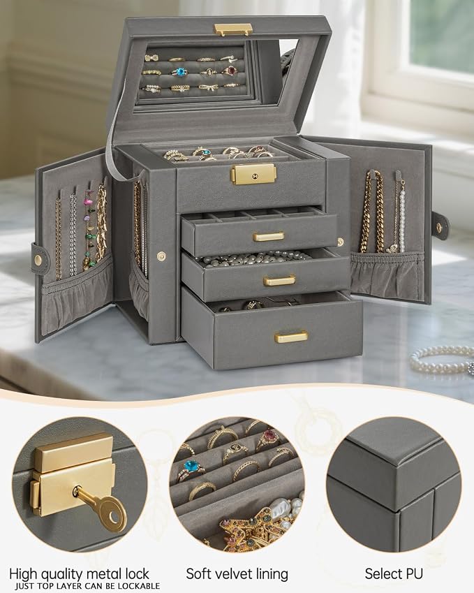 AKOZLIN 4-Tier Jewelry Box Leather Jewelry Storage Organizer with 3 Drawers Lockable for Women Girls Ring Necklace Earring Bracelet Holder with Mirror Dark Grey - Image 3