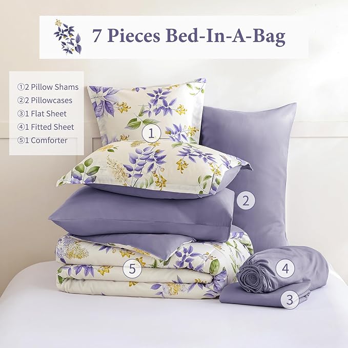 Cottolester Queen Comforter Set- 7 Pieces Floral Comforter Bed in A Bag,Purple Green Botanical Comforter Set with Pillowcases,Soft Microfiber Complete Bedding Sets for All Season