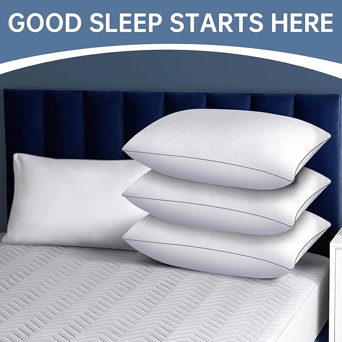 Piwaal Bed Pillows for Sleeping Queen Size Set of 4, Down Alternative Filling, Fluff by Patting Pillows for Back, Stomach or Side Sleepers