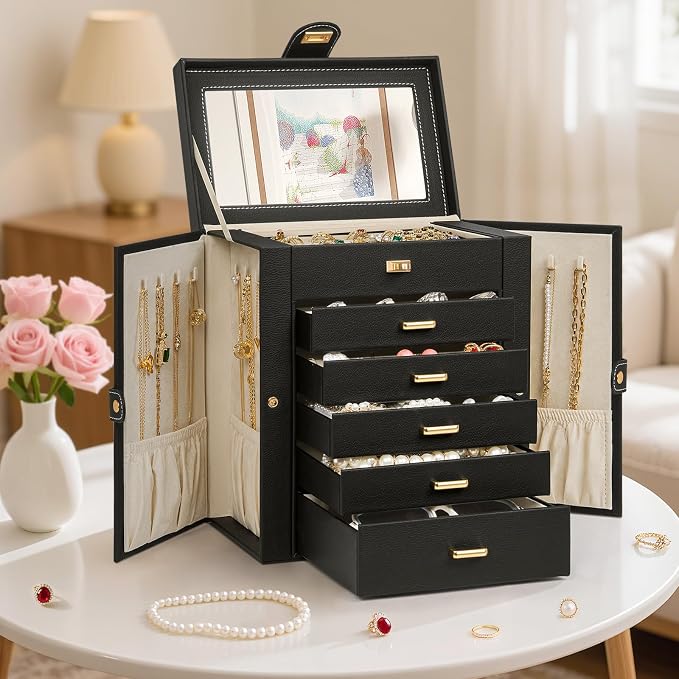 AKOZLIN 6-Tier Jewelry Box Organizer Functional 5 Drawers Leather Jewelry Storage Case for Women Girls Ring Necklace Earring Bracelet Holder Organizer with Mirror Black - Image 7