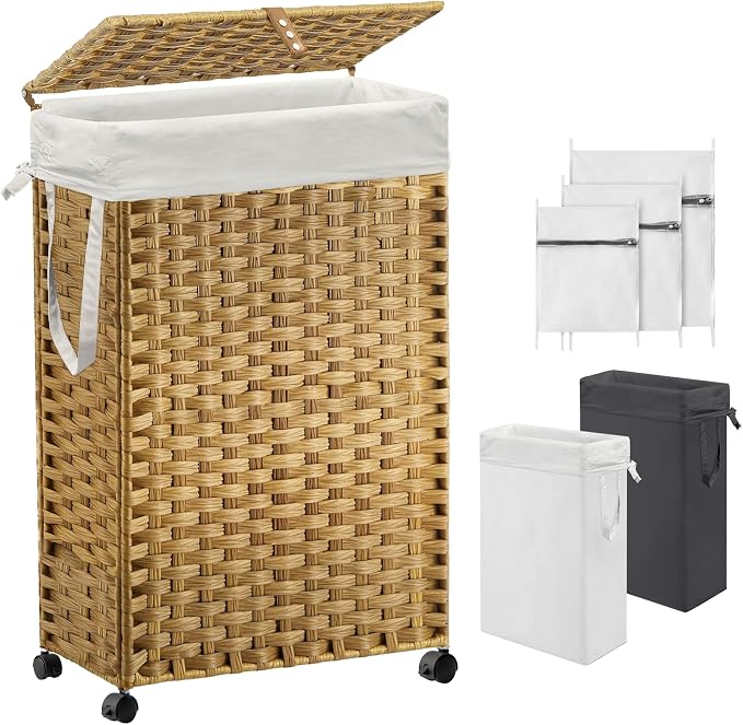 70L Slim Laundry Hamper with Lid & Wheels, Rolling Laundry Basket with 2 Removable Liner Bags & 3 Mesh Bags, Narrow Dirty Clothes Basket, Foldable Handwoven Rattan Laundry Sorter, Natural by Hiagnete
